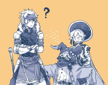 >_< 1other 2boys ? animal_ear_hood another_eden armor behind_another belt benedict_(another_eden) blush cape closed_eyes closed_mouth commentary_request cowboy_shot crossed_arms detached_hood fake_animal_ears flying_sweatdrops fur-trimmed_hood fur_trim gauntlets greyscale_with_colored_background hair_between_eyes hat hatching_(texture) headband hood hood_down hood_up jacket linear_hatching long_sleeves looking_at_another looking_to_the_side michibata_65 multiple_boys open_clothes open_jacket open_mouth orange_background outstretched_arms patchwork_clothes pauldrons philo_(another_eden) poporo_(another_eden) raised_inner_eyebrows shirt short_hair shoulder_armor simple_background skirt sleeves_past_fingers sleeves_past_wrists spread_arms standing turning_head