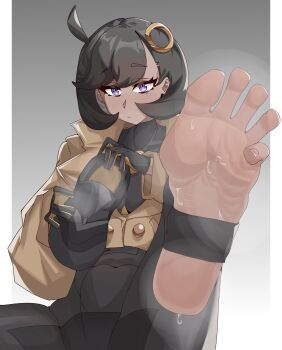 1girl barefoot black_hair dark-skinned_female dark_skin emma_(pokemon) feet highres holding holding_shoes holding_unworn_clothes looking_at_viewer medium_hair nian_nian_zi pokemon pokemon_legends:_z-a purple_eyes shoes single_shoe soles steam stirrup_legwear sweat toeless_legwear toes unworn_shoes