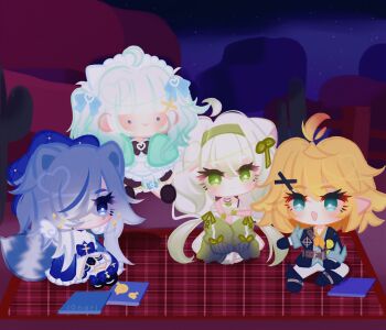 Rule 34 | 3am, 4girls, ahoge, animal ears, aqua shirt, blonde hair, blue eyes, blue hair, blue hat, cactus, commentary, densetsu.exe, dokibird, english commentary, fence, ferret ears, ferret girl, food, fruit, green eyes, green hair, green sleeves, hair ornament, hairband, hat, highres, indie virtual youtuber, l0nari, laimu (vtuber), lime (fruit), lime slice, mint fantome, multiple girls, neckerchief, night, orange neckerchief, outdoors, overalls, picnic blanket, pink overalls, pointy ears, raccoon ears, raccoon girl, raccoon tail, shirt, short hair, sitting, sky, snuffy (vtuber), star (sky), starry sky, tail, triangular headpiece, twintails, two-tone tail, virtual youtuber, white hair, wooden fence, x hair ornament