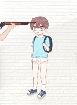 2boy aged_down bag briefs brown_hair gun highres ikedanemuru male male_focus male_underwear orange_eyes original shirt shoes shota shotgun sneakers socks t-shirt thighs thighs_focus underwear weapon weapon_focus