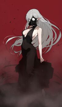 1girl absurdres bare_arms bare_shoulders black_dress breasts chain chain_earrings commentary covered_navel dress dust_cloud floating_hair full_body gas_mask grey_hair halter_dress halterneck highres large_breasts long_hair long_pointy_ears mask original pointy_ears red_background rusellunt simple_background sleeveless sleeveless_dress solo standing vampire's_sister_(gogalking) very_long_hair