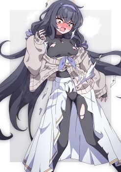 @_@ absurdres arm_up asymmetrical_sidelocks black_hair black_pantyhose black_sweater blue_archive blush breasts breath brown_halo buttons cardigan cardigan_around_waist clothes_around_waist commentary_request crossed_bangs feet_out_of_frame gold_necklace grey_background hair_over_shoulder hair_ribbon halo highres jewelry layered_sleeves long_hair medium_breasts neckerchief necklace nose_blush panties panties_under_pantyhose pantyhose purple_neckerchief ribbon shirt sidelocks skirt sleeves_past_wrists surprised sweatdrop sweater thighs to_(tototo_tk) torn_clothes torn_pantyhose torn_shirt torn_skirt torn_sweater turtleneck turtleneck_sweater two-tone_background ui_(blue_archive) underwear very_long_hair wavy_hair wavy_mouth white_background white_skirt wide-eyed