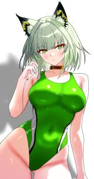 1girl absurdres alternate_costume animal_ear_fluff animal_ears arknights black_choker breasts cat_ears cat_girl choker collarbone commentary_request competition_swimsuit covered_navel cowboy_shot green_eyes green_hair green_one-piece_swimsuit highleg highleg_one-piece_swimsuit highres kal'tsit_(arknights) large_breasts light_blush looking_at_viewer one-piece_swimsuit sgt_syunkai slit_pupils solo swimsuit