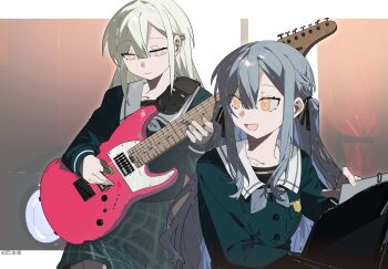 Rule 34 | 1088888888, 2girls, bang dream!, bang dream! it's mygo!!!!!, black ribbon, blue hair, blue serafuku, chinese commentary, closed mouth, commentary request, cowboy shot, curtains, electric guitar, green hair, guitar, hair ribbon, highres, holding, holding guitar, holding instrument, holding plectrum, indoors, instrument, long hair, long sleeves, looking at another, looking back, multiple girls, music, open mouth, playing guitar, playing instrument, plectrum, ribbon, sailor collar, school uniform, serafuku, sidelocks, sitting, togawa sakiko, tsukinomori school uniform, two side up, wakaba mutsumi, white sailor collar, winter uniform, yellow eyes