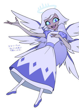 1girl :d absurdres angel angel_wings belt blue_sclera colored_sclera commentary_request dark-skinned_female dark_skin dress elbow_gloves emily_(hazbin_hotel) fewer_digits fingerless_gloves freckles full_body gloves gradient_hair grey_gloves grey_hair hair_flaps halo hand_on_own_chest hands_up hazbin_hotel hellaverse highres long_dress long_hair menma_(enaic31) multicolored_hair multiple_wings open_mouth pantyhose petticoat puffy_short_sleeves puffy_sleeves purple_belt purple_eyes purple_hair purple_shoes purple_sleeves purple_wings raglan_sleeves shoes short_sleeves signature simple_background smile solo teeth tongue translation_request two-tone_hair two-tone_wings upper_teeth_only very_long_hair white_background white_dress white_halo white_pantyhose white_wings wings