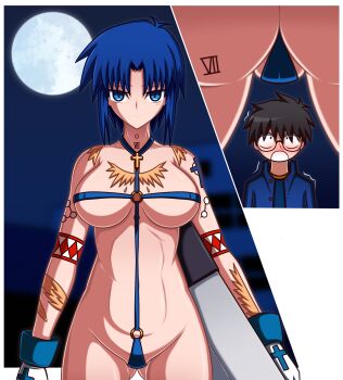 1boy 1girl absurdres arm_tattoo black_eyes black_hair blood blue_eyes blue_hair blue_shirt blush chest_tattoo ciel_(tsukihime) expressionless glasses gloves gluteal_fold highres moon navel neck_tattoo night night_sky nosebleed powered_ciel sakurello seventh_holy_scripture shirt shoulder_tattoo sky tattoo tohno_shiki tsukihime