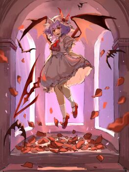 ascot bat_wings blue_hair commentary commission english_commentary falling_petals fangs hat highres holding holding_polearm holding_weapon mary_janes mob_cap open_mouth petals pink_hat pink_shirt pink_skirt polearm puffy_short_sleeves puffy_sleeves red_ascot red_eyes red_shoes remilia_scarlet shirt shoes short_hair short_sleeves shouxishao_jiuyuan skirt skirt_hold skirt_set socks spear_the_gungnir touhou weapon white_socks wings