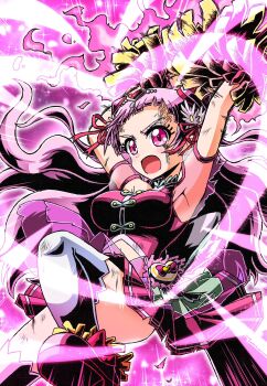 1girl angry armpits arms_behind_head arms_up asymmetrical_bangs breasts commentary_request cropped_shirt cure_yell daisy_(flower) emphasis_lines fire floating flower hair_ornament heart heart_hair_ornament highres holding holding_pom_poms hugtto!_precure leg_up long_hair looking_ahead magical_girl medium_breasts navel nono_hana open_mouth photokinesis pink_background pink_eyebrows pink_eyes pink_fire pink_hair pink_shirt pink_shoes pink_skirt pom_pom_(cheerleading) pom_poms precure shirt shoes skirt sleeveless sleeveless_shirt solo sparkle_background thighhighs wakabayashi_makoto white_thighhighs