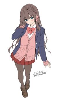 1girl absurdres blue_eyes blue_jacket blush bow braid breasts brown_hair cardigan closed_mouth collared_shirt hair_ornament hair_ribbon hairclip highres jacket long_hair long_sleeves looking_at_viewer open_clothes open_jacket original pantyhose pink_bow pink_cardigan pink_ribbon pleated_skirt red_bow red_skirt ribbon school_uniform shirt shoes simple_background skirt smile solo unasaka_ryou white_background white_shirt