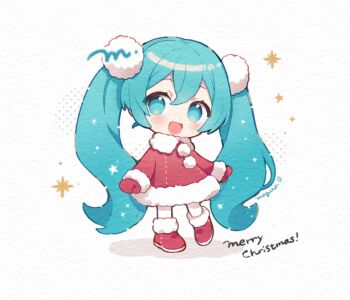 1girl :d binchou_maguro blue_eyes blue_hair blush boots chibi chibi_only christmas commentary dot_nose double-parted_bangs dress full_body fur-trimmed_boots fur-trimmed_dress fur-trimmed_sleeves fur_trim gloves hair_between_eyes hair_ornament hatsune_miku long_hair long_sleeves looking_at_viewer merry_christmas open_mouth pantyhose pom_pom_(clothes) pom_pom_hair_ornament red_boots red_dress red_gloves santa_costume santa_dress signature simple_background smile solo sparkle standing symbol-only_commentary twintails very_long_hair vocaloid white_background white_pantyhose