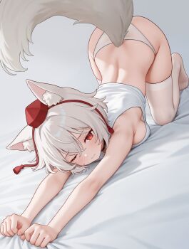 1girl absurdres animal_ear_fluff animal_ears ass bed_sheet blush breasts cat_stretch closed_mouth commentary_request crop_top crossed_bangs fanteam feral_instincts hair_between_eyes hat highres inubashiri_momiji medium_breasts one_eye_closed panties red_eyes red_hat sheet_grab shirt short_hair sideboob skindentation sleeveless sleeveless_shirt solo stretching tail thighhighs thighs tokin_hat top-down_bottom-up touhou underwear white_hair white_panties white_shirt white_tail white_thighhighs wolf_ears wolf_girl wolf_tail