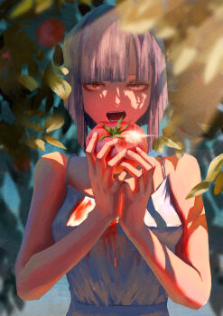 1girl absurdres blunt_bangs cchan_tuka commentary food fruit highres holding holding_food holding_fruit imminent_bite impasto open_mouth original pink_hair red_eyes short_hair solo stained_clothes symbol-only_commentary tomato tree