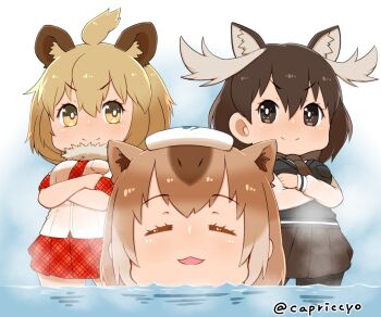 10s 3girls :3 :d ahoge animal_ears antlers bad_id bad_pixiv_id black_hair black_legwear breast_pocket brown_eyes brown_hair capriccyo capybara_(kemono_friends) capybara_ears commentary_request highres horns kemono_friends lion_(kemono_friends) lion_ears long_hair looking_at_viewer moose_(kemono_friends) moose_ears multiple_girls necktie onsen open_mouth plaid_clothes plaid_skirt pleated_skirt pocket short_hair skirt smile steam twitter_username v-shaped_eyebrows