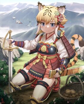1girl animal_ears armor blonde_hair blue_eyes blush breastplate creature_and_personification flower gauntlets giant greaves hair_between_eyes hair_flower hair_ornament highres ito_yoki japanese_armor japari_symbol kemono_friends kemono_friends_3 kneeling multicolored_hair official_alternate_costume pauldrons personification planted planted_sword planted_weapon red_skirt red_socks sandals scabbard sheath shirt shoulder_armor sidelocks skirt smile smilodon_(kemono_friends) socks sode sword tail tiger_ears tiger_girl tiger_tail weapon white_hair white_shirt
