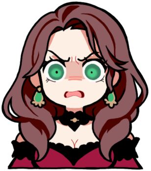 Rule 34 | 1girl, absurdres, angry, breasts, brown hair, cleavage, commentary, dorothea arnault, dorothea arnault (timeskip), earrings, english commentary, fire emblem, fire emblem: three houses, green eyes, highres, jewelry, medium breasts, nekomoni, nintendo, open mouth, solo, sticker, surprised, wide-eyed