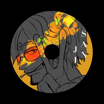 Rule 34 | 1boy, black background, cd, character name, close-up, commentary, curly eyebrows, facial hair, goatee, highres, looking at viewer, male focus, mrjieshisu, mustache, one piece, orange-tinted eyewear, sanji (one piece), short hair, simple background, solo, sunglasses, tinted eyewear, v