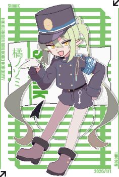 1girl :d absurdres armband black_hat black_jacket black_shorts blue_archive blue_armband boots demon_girl demon_tail double-parted_bangs full_body gloves green_hair grey_pantyhose hair_between_eyes hand_up hashtag-only_commentary hat highres jacket long_hair long_sleeves looking_at_viewer no_halo nozomi_(blue_archive) open_mouth pantyhose pixel_art pointy_ears purple_boots shorts slmnk10124 smile solo tail twintails white_gloves yellow_eyes