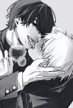 2boys blush buttons chainsaw_man denji_(chainsaw_man) eye_contact french_kiss gakuran grey_background greyscale kiss looking_at_another male_focus mole mole_under_mouth monochrome multiple_boys puff_of_air saliva school_uniform short_hair simple_background siraco_(sira5_3) sweat tongue tongue_out yaoi yoshida_hirofumi