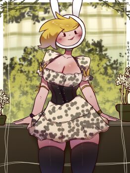 1girl absurdres adventure_time adventure_time:_fionna_and_cake alternate_costume animal_hat blonde_hair blush breasts cleavage collarbone corset dress fionna_campbell hat highres large_breasts looking_at_viewer rabbit_hat skindentation smile solid_oval_eyes thick_thighs thighhighs thighs usmangaa white_dress