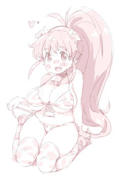 Rule 34 | 1girl, animal ears, animal print, bell, bikini, blush, breasts, cleavage, collar, cow print, cowbell, fake animal ears, fake horns, front-tie top, full body, horns, large breasts, long hair, looking at viewer, monochrome, navel, no shoes, open mouth, plump, ponytail, randou, side-tie bikini bottom, simple background, sitting, smile, solo, sweat, swimsuit, taneshima popura, thighhighs, underboob, very long hair, wariza, white background, working!!