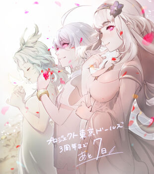 3girls absurdres ahoge between_breasts bird black_choker black_flower black_hairband bracelet breasts choker cleavage closed_eyes closed_mouth collarbone commentary_request countdown deus_(project_tokyo_dolls) dress dutch_angle ex_(project_tokyo_dolls) falling_petals finger_to_own_chin flower flower_hairband glowing glowing_eyes gold_bracelet green_hair grey_hair grin hair_flaps hairband hand_up hands_up head_down highres holding holding_petal jewelry large_breasts long_hair long_sleeves looking_at_viewer machina_(project_tokyo_dolls) medium_hair multiple_girls muted_color off-shoulder_dress off_shoulder official_art outdoors petals pink_eyes pink_petals project_tokyo_dolls second-party_source shirt short_hair sidelocks sideways_glance silhouette small_breasts smile translated white_dress white_shirt