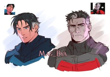 aged_up bat_signal batman batman_(series) batman_symbol black_bodysuit black_hair blue_eyes bodysuit commentary dc_comics dick_grayson grey_bodysuit highres jason_todd mag_bya male_focus multicolored_bodysuit multiple_boys muscular muscular_male nightwing red_hood_(dc) scar scar_on_face short_hair superhero_costume symbol-only_commentary taut_bodysuit two-tone_bodysuit