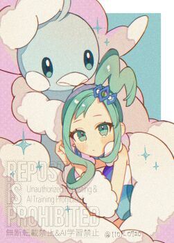 1girl altaria arm_warmers bare_shoulders beak bird blue_choker blush choker closed_mouth commentary_request dragon feathers fluffy gen_3_pokemon green_eyes green_hair hair_ornament highres lisia_(pokemon) long_hair looking_at_viewer mega_altaria mega_pokemon nintendo pokemon pokemon_(creature) pokemon_oras sidelocks sparkle sumeragi1101 white_feathers