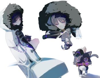 Rule 34 | 1boy, :3, aiguillette, animal, animal on lap, animalization, arm rest, armor, black cat, black hair, blunt ends, bright pupils, cat, closed mouth, coat, coat on shoulders, commentary, eyeliner, fatui coat, fatui logo, feathers, fur-trimmed hood, fur trim, genshin impact, gnosis (genshin impact), hage 80, headpat, highres, hood, hood up, hooded coat, japanese armor, kote, kurokote, lapels, looking at animal, looking at viewer, makeup, male focus, mitsudomoe (shape), multicolored hair, multiple views, on lap, person and animalization, pom pom (clothes), purple eyes, purple hair, red eyeliner, scaramouche (cat) (genshin impact), scaramouche (genshin impact), smile, solo, streaked hair, tomoe (symbol), tsurime, twitter username, untranslatable commentary, white background, white coat, white hood, white pupils, yellow feathers