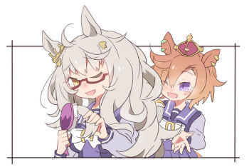 Rule 34 | 2girls, ;d, ahoge, animal ears, beer hsk, biwa hayahide (umamusume), border, bow, breasts, brown eyes, brown hair, crown, glasses, grey hair, hair brush, holding, holding hair brush, horse ears, long hair, medium breasts, mini crown, multiple girls, one eye closed, open mouth, pleated skirt, purple eyes, purple shirt, purple skirt, red-framed eyewear, school uniform, semi-rimless eyewear, shirt, skirt, smile, t.m. opera o (umamusume), tracen school uniform, umamusume, under-rim eyewear, very long hair, white background, white border, white bow