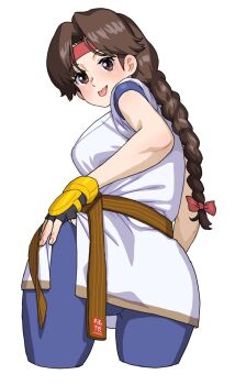 1girl aona_240 ass braid braided_ponytail breasts brown_eyes brown_hair curvy dougi from_behind grabbing_own_ass hairband huge_ass karate_gi large_breasts leggings looking_at_viewer looking_back pale_skin pants ponytail skirt spandex the_king_of_fighters thick_thighs thighs tight_clothes tight_pants tongue tongue_out wide_hips yoga_pants yuri_sakazaki