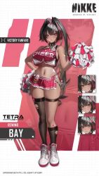 1girl :d ahoge animated artist_request ass bandaid bandaid_on_arm bare_shoulders bay_(nikke) black_hair black_hairband blue_sky blush breasts brown_eyes cheerleader clothes_writing cloud collar collarbone cowboy_shot crop_top crop_top_overhang curvy dark-skinned_female dark_skin day full_body goddess_of_victory:_nikke hair_between_eyes hair_intakes hairband high_ponytail highleg highleg_panties highres holding holding_pom_poms jumping large_breasts lock long_hair looking_at_viewer miniskirt mole mole_on_breast mole_under_mouth multicolored_hair navel official_art open_mouth padlock padlocked_collar panties pleated_skirt pom_pom_(cheerleading) pom_poms ponytail red_hair red_shirt red_skirt shirt sideboob sidelocks skirt sky sleeveless sleeveless_shirt smile solo spiked_collar spikes standing star_(symbol) star_in_eye star_sticker sticker sticker_on_face stomach streaked_hair symbol_in_eye tagme talking teeth thong two-tone_shirt two-tone_skirt underboob underwear video whale_tail_(clothing) wide_hips