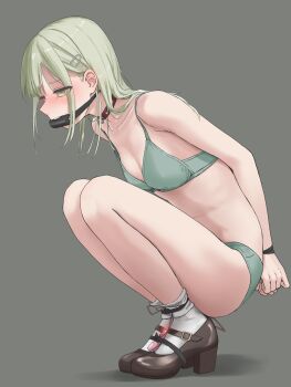 1girl arms_behind_back bang_dream! bang_dream!_it&#039;s_mygo!!!!! bdsm bit_gag bound bound_ankles bound_wrists bra breasts brown_shoes choker cleavage commentary_request dochi_(dosa_dosa_dosa) gag green_bra green_hair green_panties grey_background hair_ornament hairclip highres long_hair medium_breasts panties red_choker remote_control_vibrator restrained sex_toy shoes sidelocks simple_background socks solo squatting stomach teeth underwear vibrator wakaba_mutsumi white_socks yellow_eyes