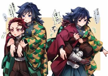 2boys belt black_hair black_jacket black_pants blue_eyes bright_pupils buttons checkered_haori closed_mouth demon_slayer_uniform earrings empty_eyes gold_buttons hanafuda_earrings haori high_collar jacket japanese_clothes jewelry kamado_tanjirou kikkoumon kimetsu_no_yaiba long_hair low_ponytail male_focus multiple_boys multiple_views open_mouth pants parted_lips ponytail print_haori red_eyes red_hair red_haori spiked_hair teeth tobidayooon tomioka_giyuu translation_request white_belt white_pupils