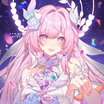 1girl :d abby_riddle armlet bare_shoulders breasts cyrene_(honkai:_star_rail) cyrene_(ripples_of_past_reverie)_(honkai:_star_rail) diamond-shaped_pupils diamond_(shape) earrings fingernails flower hair_flower hair_intakes hair_ornament halo hand_up honkai:_star_rail honkai_(series) jewelry large_breasts light_blush long_hair looking_at_viewer open_mouth pink_hair pointy_ears purple_background purple_eyes purple_flower purple_rose ring rose sidelocks single_earring smile solo symbol-shaped_pupils too_many_watermarks upper_body veil watermark white_veil