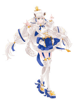 1girl absurdres ahoge animal_ear_fluff animal_ears blue_skirt boots braid breasts commentary_request corset crown dips double_fox_shadow_puppet earrings floating_crown fox_ears fox_girl fox_shadow_puppet green_eyes hair_between_eyes highres hololive jewelry long_hair looking_at_viewer medium_breasts shirakami_fubuki shirakami_fubuki_(saint) shirt sidelocks simple_background single_braid skirt smile solo thigh_boots thigh_strap twin_braids virtual_youtuber white_background white_hair white_shirt