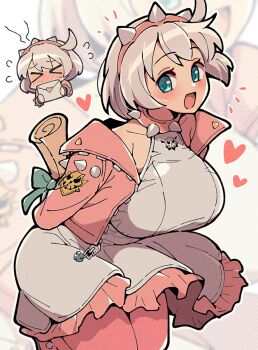 1girl :d arms_behind_back blue_eyes blush breasts chibi chibi_inset cowboy_shot doodle_inset dress elphelt_valentine flying_sweatdrops frilled_dress frills grey_dress grey_hair guilty_gear guilty_gear_strive hairband heart highres holding holding_letter itsuka_neru jacket large_breasts leaning_forward letter looking_at_viewer love_letter multiple_views open_clothes open_jacket open_mouth pink_hairband pink_jacket short_hair smile spiked_hairband spikes white_background
