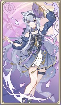 1girl 40dujiu absurdres animal_ears bare_shoulders black_bow bow chinese_commentary commentary_request diamond-shaped_pupils diamond_(shape) dress flower folding_fan genius_invokation_tcg_(style) grey_hair hand_fan highres holding holding_fan long_hair long_sleeves looking_at_viewer off-shoulder_dress off_shoulder puffy_sleeves purple_eyes rose smile solo symbol-shaped_pupils thigh_strap very_long_hair watermark