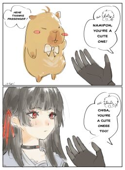 .osari 1boy 1girl black_choker black_gloves black_hair blush chisa_(wuthering_waves) choker closed_mouth english_text gloves grey_sailor_collar hair_ribbon hand_up highres male_rover_(wuthering_waves) mole mole_under_eye namipon_(wuthering_waves) red_eyes red_ribbon ribbon rover_(wuthering_waves) sailor_collar twitter_username wuthering_waves