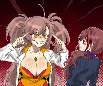 Rule 34 | 2girls, battle damage, blood, blood on face, bra, breasts, brown eyes, brown hair, cleavage, dr. arach, hair between eyes, invincible (series), jewelry, lab coat, large breasts, looking at another, meme, multiple girls, noel (tsukihime), nun, open clothes, open shirt, pointing, pointing at self, scrunchie, shirt, side ponytail, smile, tsukihime, tsukihime (remake), twintails, underwear, vector inspector24, yellow eyes