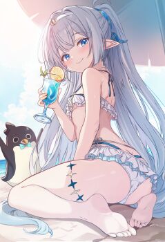 1girl ass barefoot beach beach_umbrella bikini bird blush breasts closed_mouth commentary_request cup cutlass_(classic_chocolate) day drinking_glass drinking_straw feet female_tyrant_(stella_sora) food fruit full_body grey_hair hair_intakes hairband highres holding holding_cup lemon lemon_slice long_hair looking_at_viewer outdoors penguin pointy_ears sitting small_breasts smile soles solo stella_sora swimsuit tyrant_(stella_sora) umbrella white_bikini white_hairband
