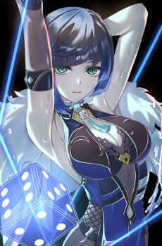 1girl absurdres armpits bare_shoulders black_hair blue_hair bob_cut breasts cleavage commentary_request diagonal_bangs dice dress earrings fur_trim genshin_impact gloves green_eyes highres jacket jewelry large_breasts looking_at_viewer multicolored_hair pontaro2 short_hair smile solo yelan_(genshin_impact)