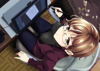 1girl artist_self-insert breasts brown_hair chair drawing_(action) drawing_tablet from_above glasses green_eyes highres holding holding_stylus indoors jacket looking_at_viewer looking_up masami-san_(regdic) medium_breasts mole mole_under_eye on_chair open_clothes open_jacket original pants pink_jacket regdic self-portrait sitting solo stylus tablet_pc