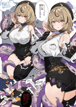 2girls arrow_(symbol) ass asymmetrical_shorts bare_shoulders belle_(zenless_zone_zero) beret black_hat black_shirt black_shorts black_thighhighs blonde_hair blue_hair bob_cut breast_pocket breasts button_gap buttons claw_pose closed_eyes closed_mouth clothes_writing commentary_request cowboy_shot crossed_bangs curvy earrings fingerless_gloves gloves grin hair_between_eyes hair_ornament hand_on_another's_head hand_on_lap hand_on_own_arm hand_up hands_up happy hat headpat heart high-waist_shorts highres jewelry lap_pillow lap_pillow_invitation large_breasts letter_hair_ornament light_blush long_sleeves looking_ahead looking_at_viewer lying mole monster_girl multicolored_eyes multiple_girls multiple_views octopus_girl on_side outstretched_hand parted_lips patting_lap pocket purple_eyes scylla seiza shiny_skin shirt short_hair shorts single_thighhigh sitting sleeveless sleeveless_shirt smile speech_bubble tentacles the_olphy thighhighs thighs thought_bubble translation_request white_shirt yidhari_murphy zenless_zone_zero