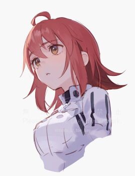 1girl absurdres ahoge artist_name breasts cropped_torso fate/grand_order fate_(series) fomnant from_below fujimaru_ritsuka_(female) fujimaru_ritsuka_(female)_(decisive_battle_chaldea_uniform) grey_background high_collar highres looking_ahead medium_breasts medium_hair orange_eyes parted_lips red_hair sidelocks simple_background sketch solo striped_clothes