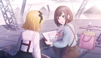 25-ji_rin 2girls black_hairband blonde_hair bow_hairband braid brown_eyes brown_hair brown_pants colorful_palette game_cg grey_shirt hairband highres holding holding_pen holding_sketchbook kagamine_rin looking_at_another multiple_girls official_art pants pen pink_bag project_sekai shinonome_ena shirt sitting sketchbook third-party_source tomoshibi_wo_teguri_yosete_(project_sekai) triangle vocaloid white_shirt