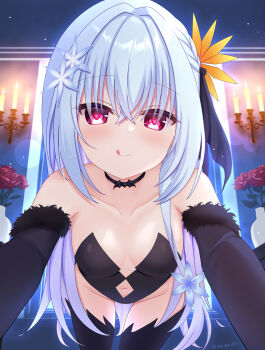 1girl :q all_fours alternate_costume bare_shoulders black_choker black_gloves black_leotard black_ribbon black_thighhighs blue_flower blue_hair blush breasts candle candlelight candlestand choker closed_mouth clothing_cutout collarbone commentary_request crossed_bangs diamond_cutout elbow_gloves fang flower foreshortening fur-trimmed_gloves fur_trim gloves groin hair_between_eyes hair_flower hair_intakes hair_ornament hair_ribbon hamidashi_creative heart heart-shaped_pupils highleg highleg_leotard highres indoors leotard licking_lips long_hair looking_at_viewer nanatsu_(na_na_tsu) navel navel_cutout orange_flower pov red_eyes red_flower red_rose ribbon rose small_breasts smile snowflake_hair_ornament solo straight-on strapless strapless_leotard symbol-shaped_pupils thighhighs tongue tongue_out twitter_username very_long_hair yukige_shiki