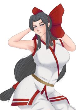 1girl ainu_clothes alternate_hairstyle armpits arms_behind_head artist_name black_hair breasts fingerless_gloves gloves highres large_breasts legs lips long_hair looking_at_viewer nakoruru pants purple_eyes samurai_spirits seductive_gaze seductive_smile smile snk solo source_request the_king_of_fighters thighs