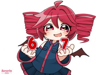 1girl 2026 67_(meme) :d ahoge artist_name bare_shoulders bat_wings black_shirt black_skirt black_sleeves black_wings breast_pocket chibi chibi_only collared_shirt commentary demon_wings derivative_work detached_sleeves drill_hair fang hair_between_eyes headset highres kasane_teto kasane_teto_(utau) light_blush long_hair meme microphone number_tattoo open_mouth pleated_skirt pocket red_eyes red_hair red_trim serotorin shirt shoulder_tattoo simple_background skirt sleeveless sleeveless_shirt smile sparkling_eyes tattoo tie_clip twin_drills twintails upper_body utau white_background wings