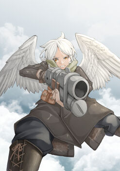 1girl aiming boots brown_boots brown_jacket cloud commentary_request feathered_wings flying grey_pants gun highres holding holding_gun holding_weapon hood hood_down ikeshiki-chuujou jacket military_uniform original pants short_hair sky solo teeth weapon white_hair wings yellow_eyes