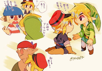 Rule 34 | 4boys, alfonzo, artist name, bandana, blonde hair, blue hat, boots, brown boots, brown gloves, brown hair, buck teeth, commentary request, dual persona, eye contact, gloves, green hat, green tunic, hat, highres, kneeling, layered sleeves, link, long sleeves, looking at another, male focus, multiple boys, niko (zelda), nintendo, pants, pointy ears, red bandana, red hat, shirt, short over long sleeves, short sleeves, speech bubble, standing, striped clothes, striped shirt, teeth, the legend of zelda, the legend of zelda: spirit tracks, thought bubble, tokuura, toon link, translation request, tunic, twitter username, white pants